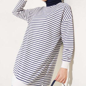 Striped Bicycle Collar Two-Ply Tunic Navy Blue