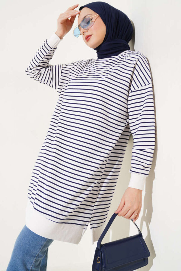 Striped Bicycle Collar Two-Ply Tunic Navy Blue