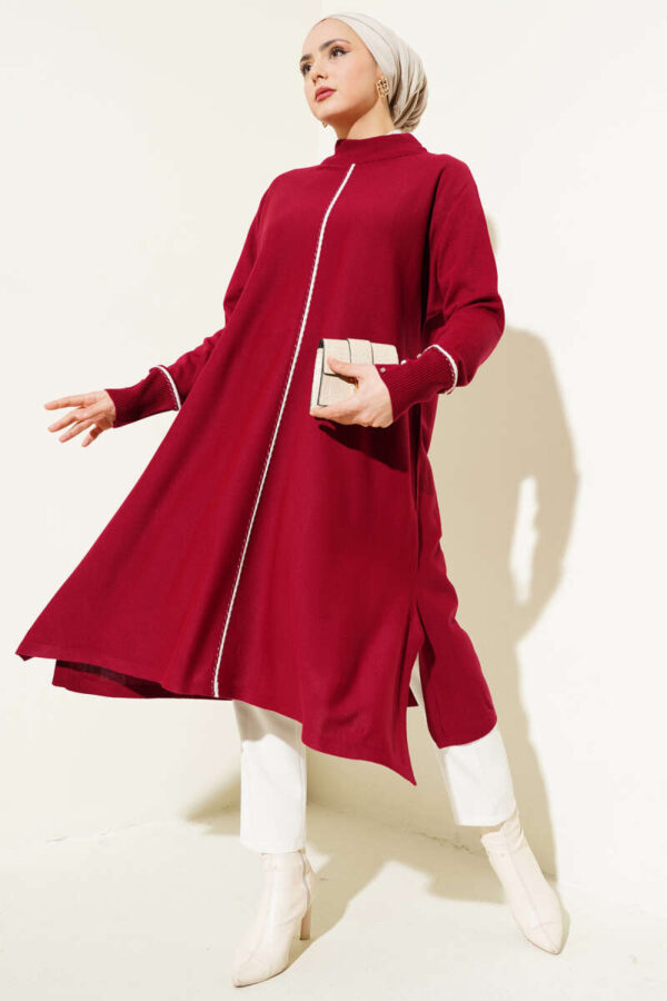 Asymmetric Cut Long Knit Tunic Burgundy