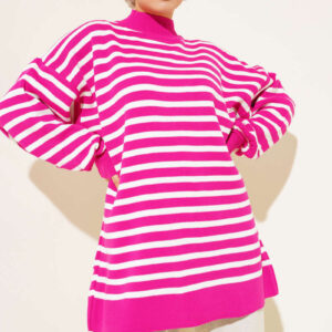 Balloon Sleeve Striped Knit Tunic Fuchsia