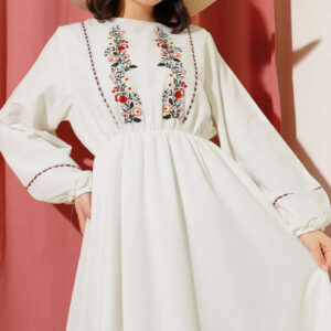 Front Floral Embroidered Elastic Waist Dress Ecru