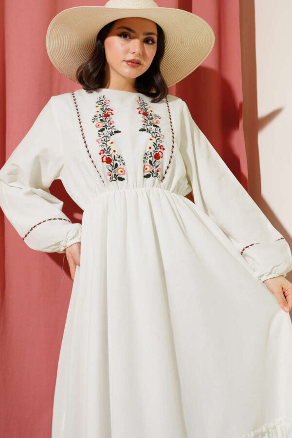 Front Floral Embroidered Elastic Waist Dress Ecru