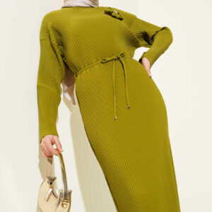 Tight Pleated Waist Rope Belted Dress Oil Green