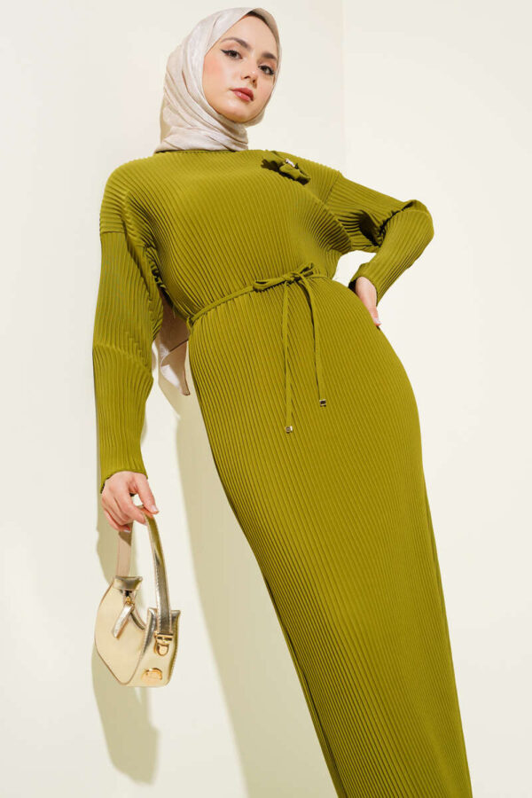Tight Pleated Waist Rope Belted Dress Oil Green