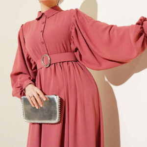 Half Button Balloon Sleeve Belted Dress Dusty Rose