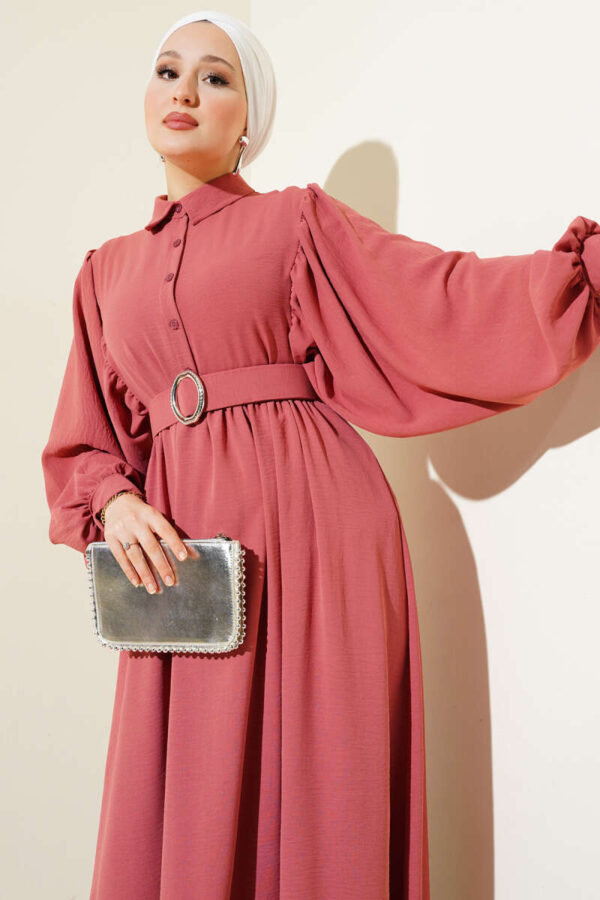 Half Button Balloon Sleeve Belted Dress Dusty Rose