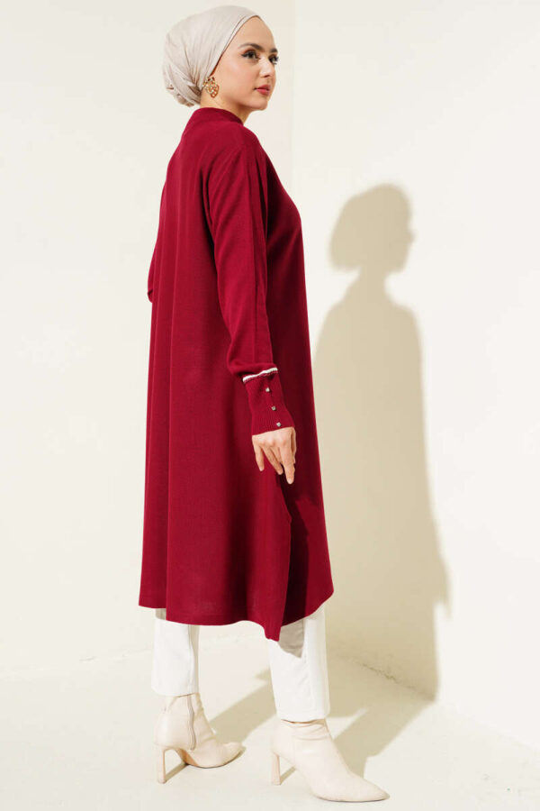 Asymmetric Cut Long Knit Tunic Burgundy - Image 2