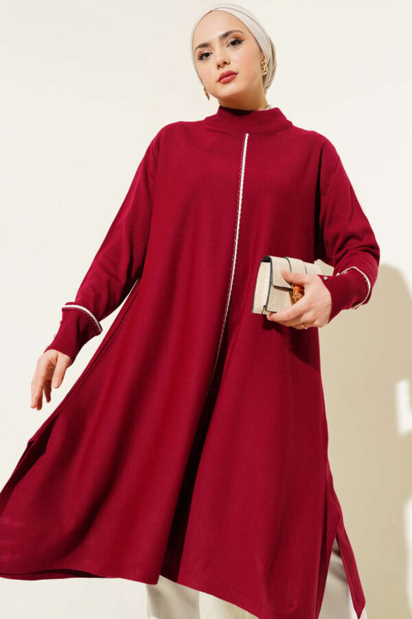 Asymmetric Cut Long Knit Tunic Burgundy - Image 3