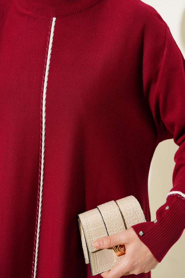 Asymmetric Cut Long Knit Tunic Burgundy - Image 4