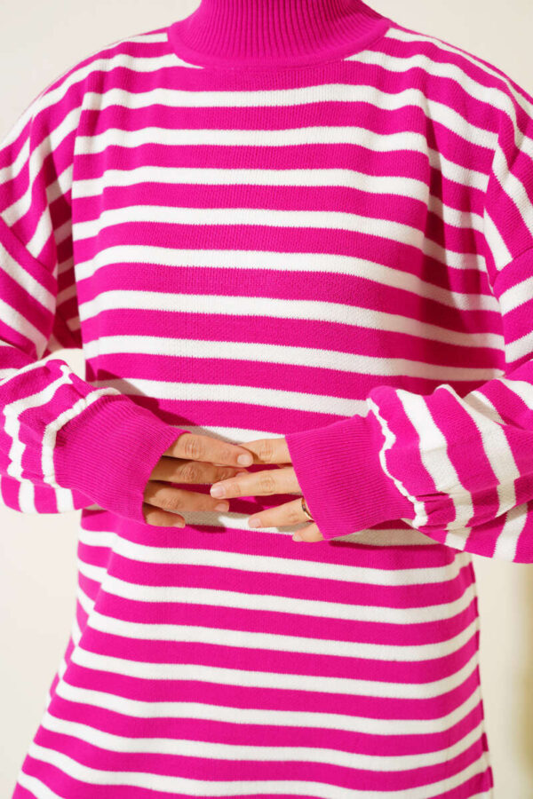 Balloon Sleeve Striped Knit Tunic Fuchsia - Image 4
