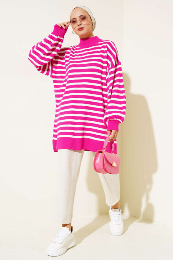 Balloon Sleeve Striped Knit Tunic Fuchsia - Image 3