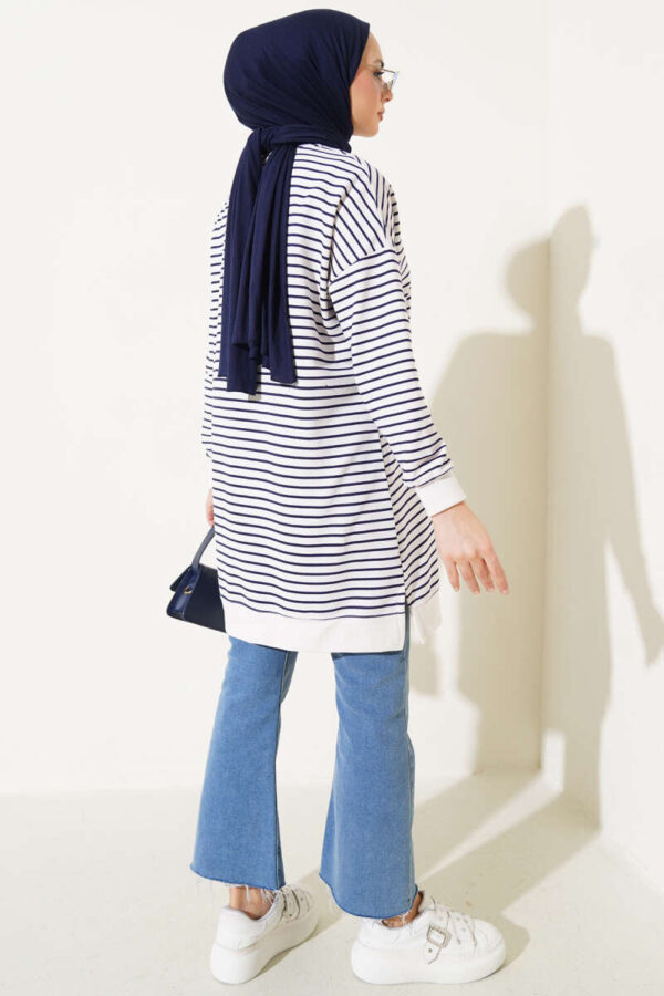 Striped Bicycle Collar Two-Ply Tunic Navy Blue - Image 4