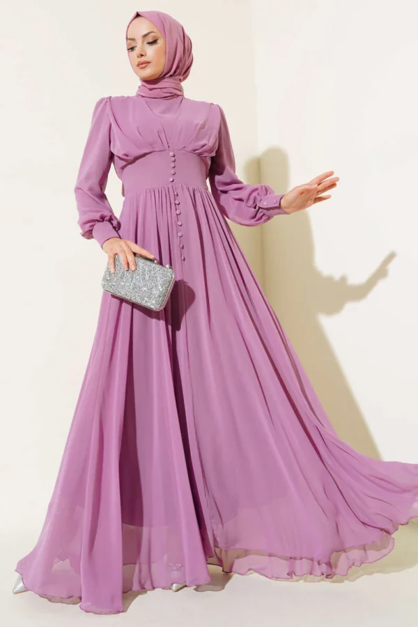 Button Embellished Chiffon Dress Lilac