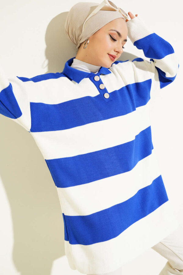Shirt Collar Buttoned Knit Tunic Royal Blue