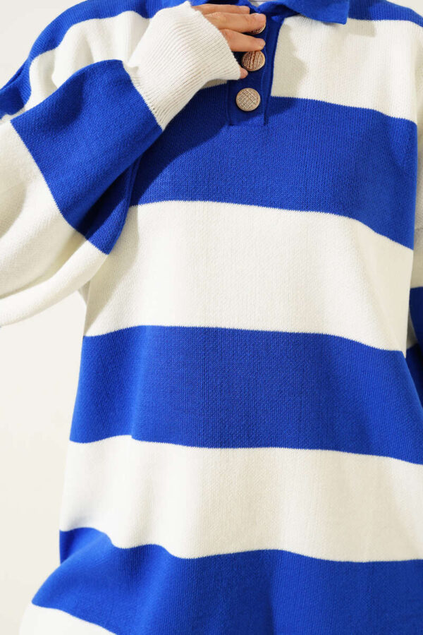 Shirt Collar Buttoned Knit Tunic Royal Blue - Image 2