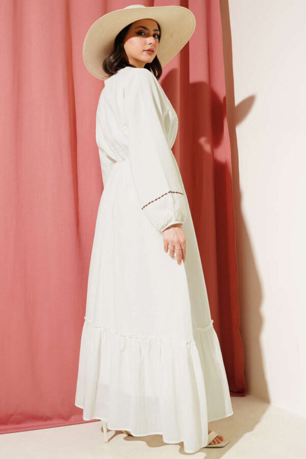 Front Floral Embroidered Elastic Waist Dress Ecru - Image 3