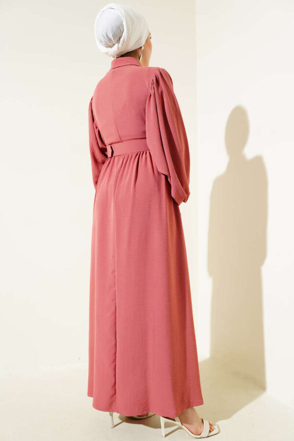 Half Button Balloon Sleeve Belted Dress Dusty Rose - Image 2
