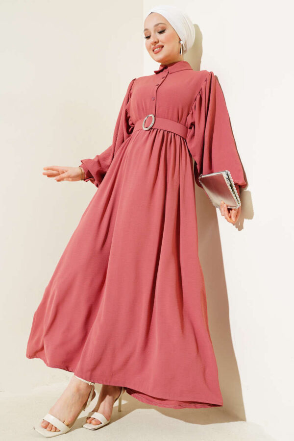 Half Button Balloon Sleeve Belted Dress Dusty Rose - Image 3