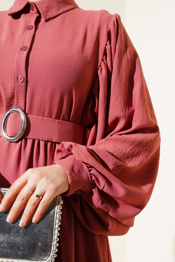 Half Button Balloon Sleeve Belted Dress Dusty Rose - Image 4
