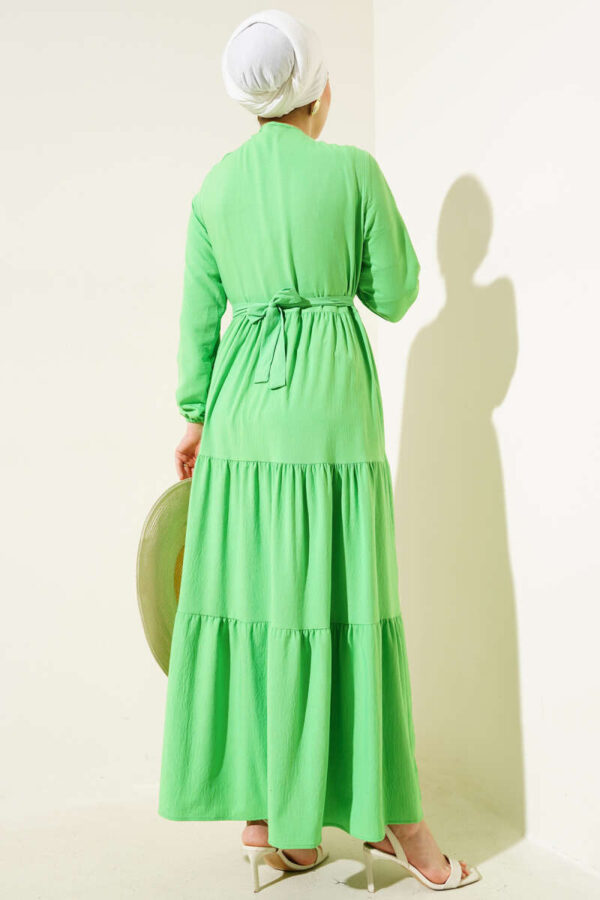 Half Hidden Button Belted Dress Neon Green - Image 2