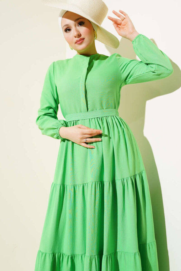 Half Hidden Button Belted Dress Neon Green - Image 3
